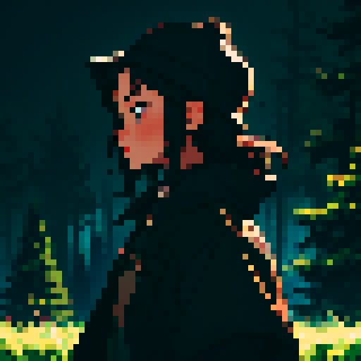 Dark night time in the forest background, dark background, profile picture, teen girl, rounded face, no eyebrow, black eyes, short black hair, brown coat, brown hat, small chest