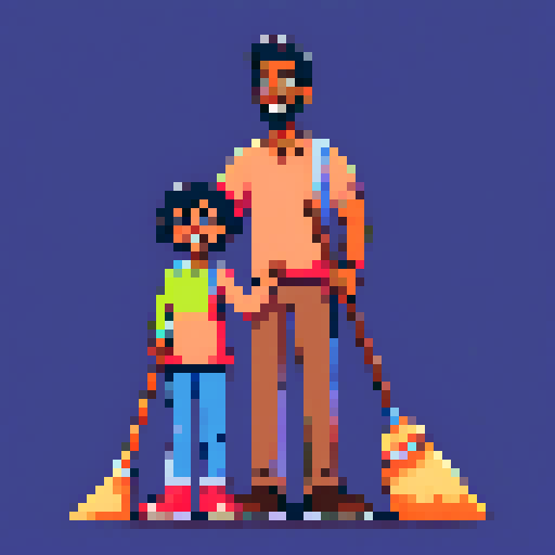 Happy mixed race family, father holding broom, vibrant pixel art, sRGB