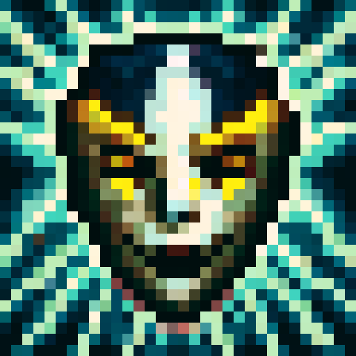 dead black cat with sharp, jagged teeth and an empty eye socket in a closeup face, rendered in a pixelated MSX style for a striking character portrait.