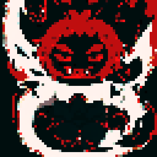 Demon, fiery red eyes, sharp fangs, dark horns, menacing grin, flowing black hair, intricate tattoos, intense gaze, close-up, anime style, pixel art