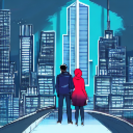 Comic book style image featuring a man and girl in hijab, staring intently into each other's eyes amidst a bustling cityscape with bright neon lights and a dramatic, action-packed skyline in the background.