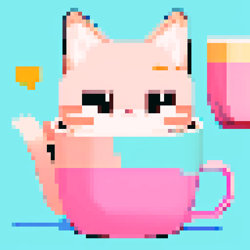 Pixelated cats with vibrant fur and expressive eyes, surrounded by steaming mugs of coffee and whimsical pastel-colored furniture