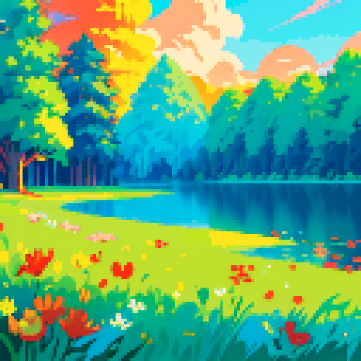 pixel art of a serene landscape of trees and water, and a sunrise with the sun clearly visible in the middle. Bright scene. Foliage and flowers in the forefront. use of simple primary colors of red blue yellow and green. high saturation