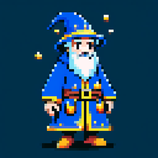 Create a pixel art character of a whimsical wizard . The wizard should wear a blue robe covered with yellow stars and a matching pointy hat. He should have a playful grin
