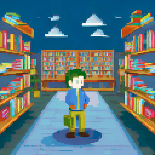 Bookstore, cozy, with shelves overflowing with books, a friendly, bespectacled shop owner, surrounded by vibrant, pixelated book covers, creating a charming, sRGB, 2d pixel art scene