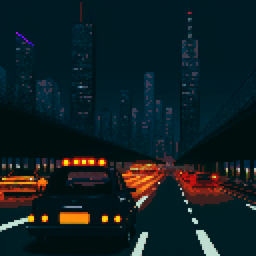 car dashboard, driving down a bustling highway, surrounded by towering skyscrapers and a depressing skyline, under a polluted sky, capturing the essence of mystery and depression, mysterious