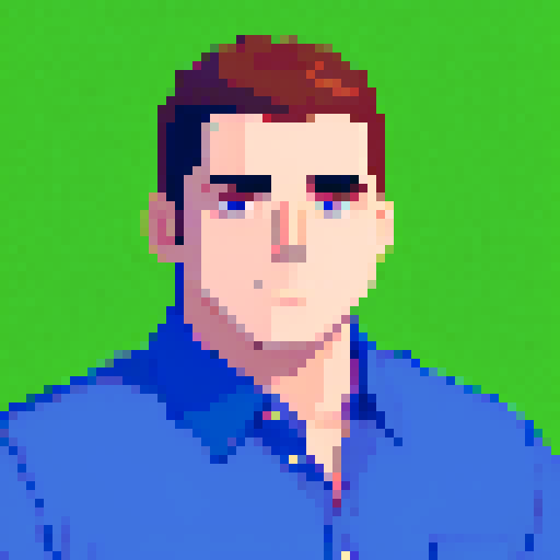 portrait, sprite art, young man, blue collar worker, buff, narrow eyes, himbo, dumb