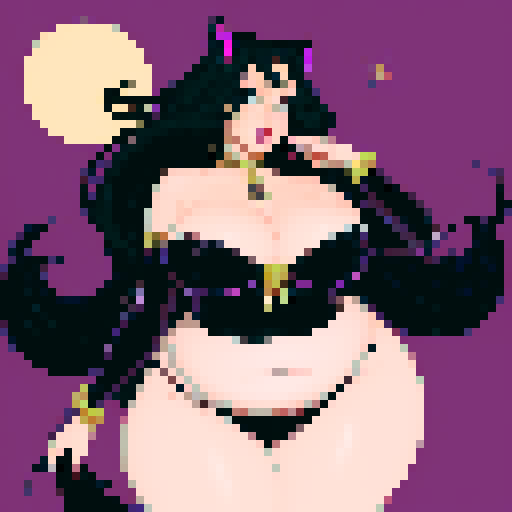 (voluptuous) skillful Azealia was a sight to behold, with her long, feathery, black hair, purple eyeliner highlighting her bewitching gaze, and with a shade of bright crimson painted on her lips. Her body was covered, by a skintight black gown with hanging sleeves that reached down to her thin waist and perfectly, curved bottom. A moon amulet dangled around her neck, dipping into the impressive pair of cleavage that the horny bachelor couldn’t take his eyes off of. (fat belly:0.9). (saggy) (larg