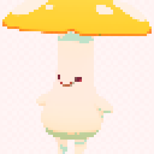 cute pink mushroom, pixel art, sRGB, vibrant colors, tiny white dots, whimsical details, textured surface, glowing spots, soft edges, playful expression