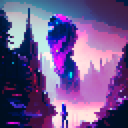 cute girl with big, expressive eyes, long blue hair, vibrant neon colors, pixel art aesthetic, futuristic cityscape filled with towering skyscrapers and holographic billboards, glowing neon signs reflecting off rain-soaked streets, characters wearing edgy, futuristic fashion, dramatic lighting casting long shadows, intricate circuitry and glowing cybernetic, landscape portrait