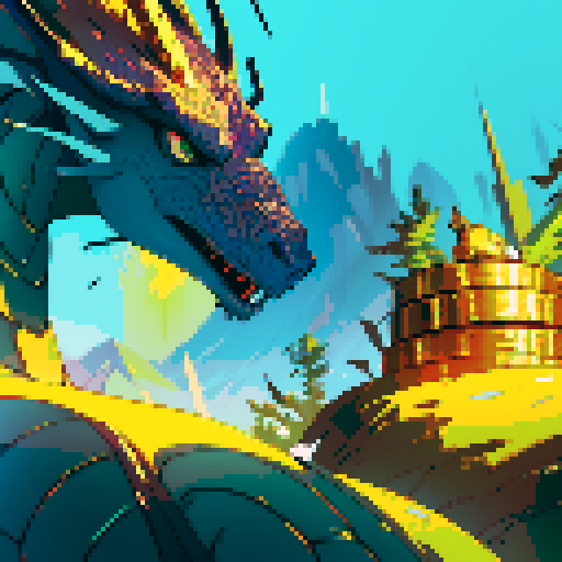 dragon with shimmering scales, hoard of gold coins glimmering in the background, dragon leisurely lounging on top of a massive pile of gold coins, dragon's majestic form taking up the full canvas with intricate pixel art details in a vibrant sRGB color palette, dragon is gold colored