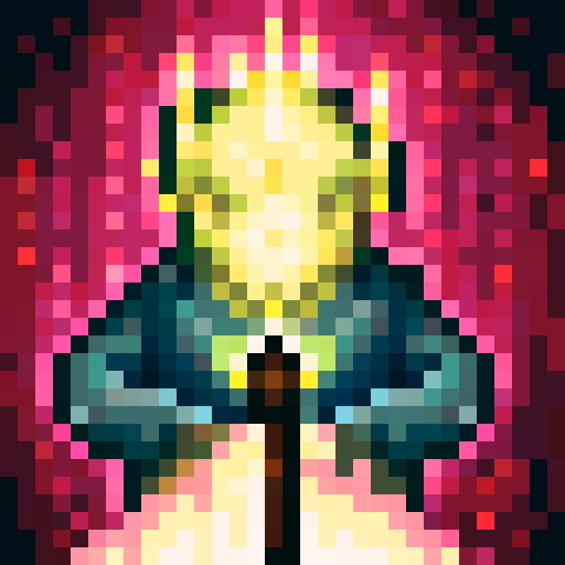 Pixelated wizard in a classic fantasy robe, holding a magical staff, wearing a pointed hat with glowing accents.