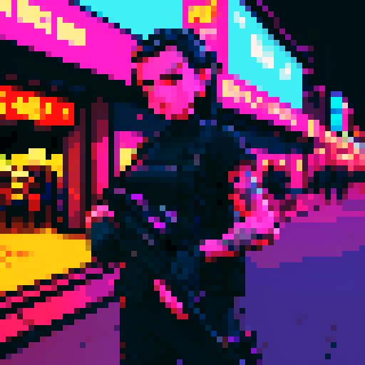 Street merchant assassin girl, neon-lit night market, slicked-back hair, pixelated sniper rifle, fluorescent tattoos, sRGB glow, bustling crowds.
