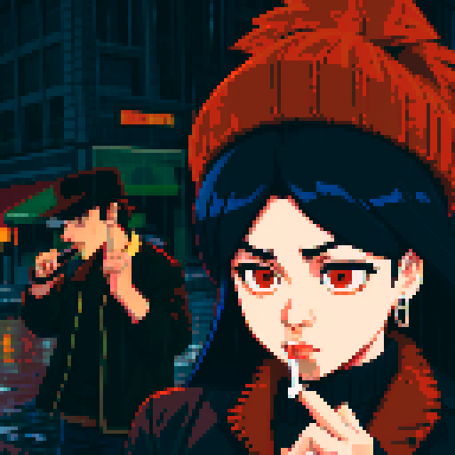 Girl on the right smoking a cigarette, guy on the left holding a gun, gritty, rainy, nighttime, downtown