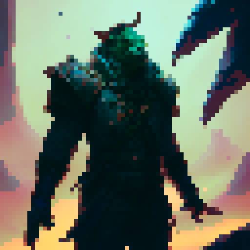 Captain Trip, a fierce half-orc warrior with a braided beard and a scar over his left eye, standing atop a towering rock formation overlooking a sprawling, mystical landscape filled with floating islands, glowing crystals, and fiery dragons