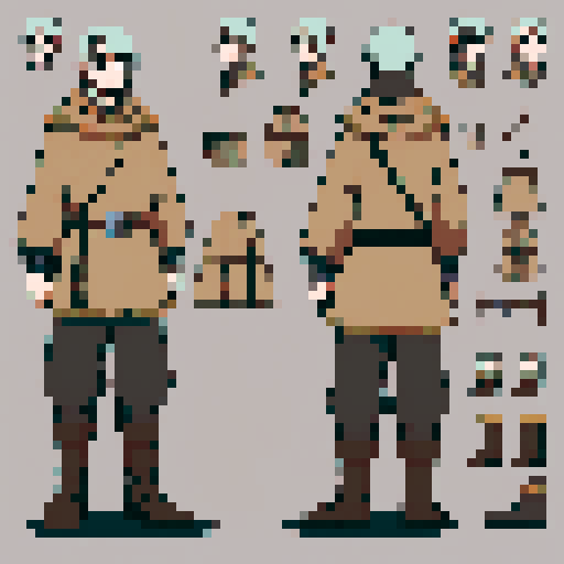 Medieval 13th-century Finnish character, 64x64 pixel sprite, simple tunic, belted waist, fur footwear from hides, cords, natural earthy tones, rugged survival setting, visually expressive at low resolution, neutral front-facing pose, character portrait, close up, anime style, pixel art