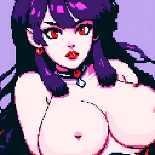 Thicc, busty goth girl, long purple hair, eyeliner, red lipstick, nude breast, spiked collar, up close face portrait, vibrant sega genesis palette, nude pixel art portrait,