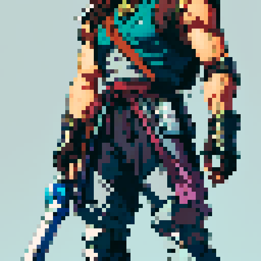 male, athletic and muscular fuzzy hair, wearing light armor that offers some protection rendered in a 64x64 pixel full body sideview style