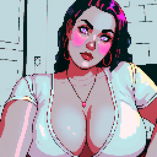 curvy, busty goth babe, close up portrait shot, neon lighting, modern tile backsplash, pixel art, sRGB