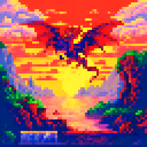 A majestic red dragon soaring over a vibrant pixelated landscape, with a sparkling sRGB background