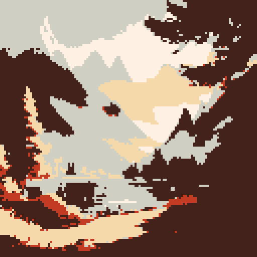 Bob Ross painting, serene mountain range, vibrant sunset colors, fluffy clouds, peaceful lake, towering trees, soft brush strokes, distant cabins nestled in the woods, tranquil atmosphere, gentle mist, ethereal beauty