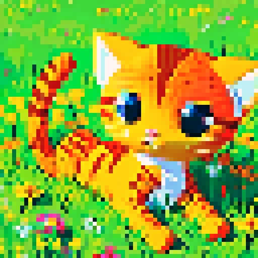 orange cat lying on the meadow, dragonfly on its head, warm summer sun, warm tones