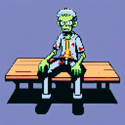 Zombie with limbs spread out, laying on table, looking at camera, pixel art, sRGB