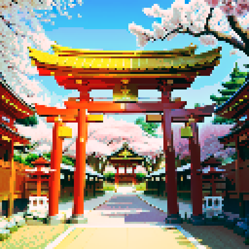 Golden shinto shrine, vibrant cherry blossom trees, traditional architecture with intricate details, shinto torii gate adorned with golden decorations, a pixel art golden cuboid positioned behind the gate, golden lanterns illuminating the scene in sRGB colors