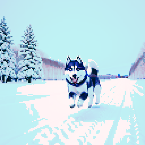 cute husky dog, running in a snowy field, winter wonderland, vibrant colors