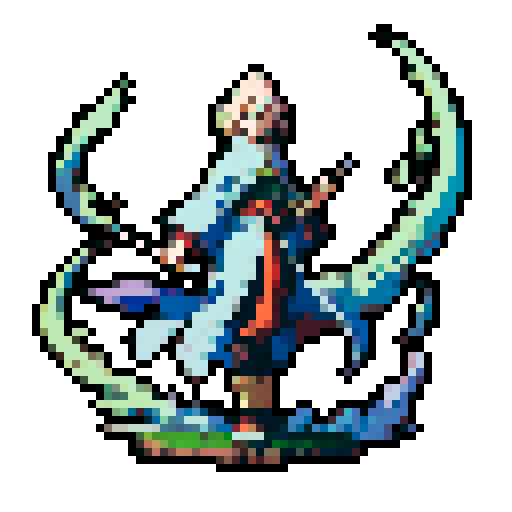 Full-body image of a wizard facing left ready to fight.