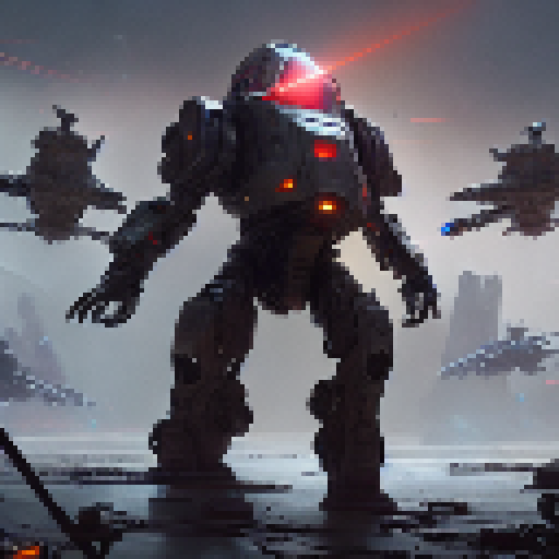 "Mechanical wings, glowing circuitry, and a laser sword adorn the armored hero in a post-apocalyptic wasteland, ready to face off against a horde of robotic enemies in this Fantasy RPG-inspired sci-fi image."
