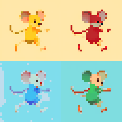 Create 4 images, showing the mouse character in the reference image in a sequence of movements representing the character running over a clear background