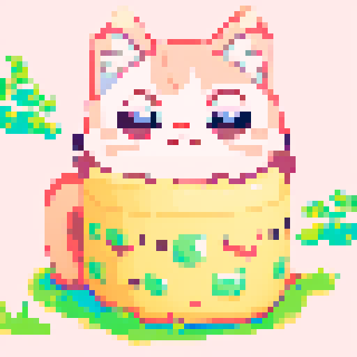 cute pink cat, game icon, close up, pixel art, 16x16, portrait, pastel colors, adorable expression