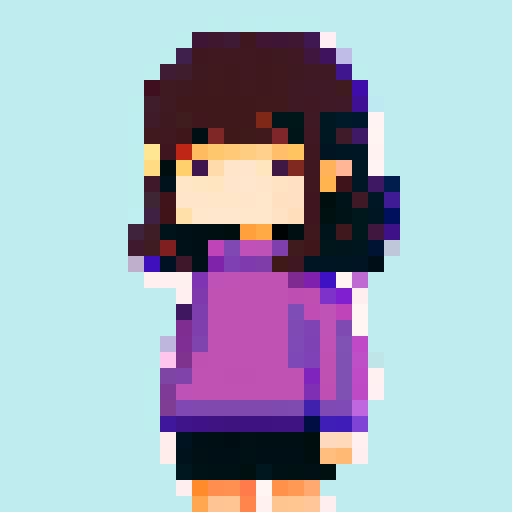 girl in oversized purple sweater, black shorts, long brown hair, brown eyes, pixelated style, vibrant sRGB colors