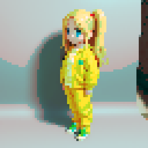 Make this a little blonde girl in 16 bit animation style identical to the reference image