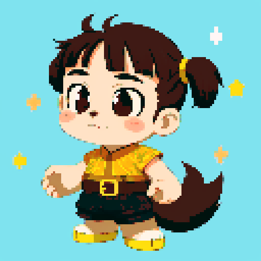 This image features a stylized bear inspired by retro 1995 anime, in a chibi art style. The bear has expressive black eyes and a brown skin. The hair is styled in long twin pigtails, the bear has magical clothes with belts and various patches. This bear has a mascot pose. The background depicts a detailed wild magic night with shining stars and a dark waterfall. This is a typical example of how popular anime characters