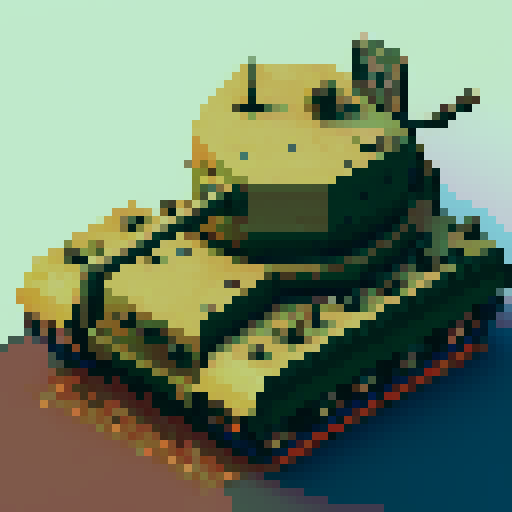 top-down pixel art sprite, World War II army tank, bird's eye view, sleek olive green body, rugged tank treads, rotating turret, menacing barrel, pixel art, sRGB, flat