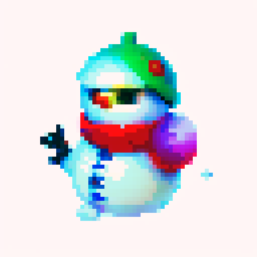 "pixel art snowman made of two balls, wearing a vibrant red scarf, using a retro-inspired 8-bit art style."