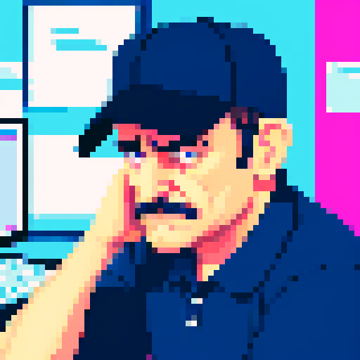 portrait, sprite art, middle aged man, bitter, depressed, IT worker, office worker, boss, stern