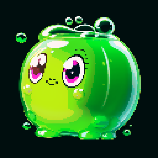 A massive, towering blob of semi-transparent green jelly. It has large, friendly eyes and a jovial expression. The surface is glossy, with bubbles of varying sizes trapped inside. No background.
