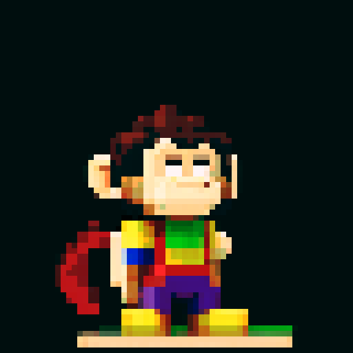 8-bit pixel art monkey with vibrant colors, expressive face, dynamic pose, and detailed fur, against a minimalistic white background, capturing the essence of the RPG Maker game style