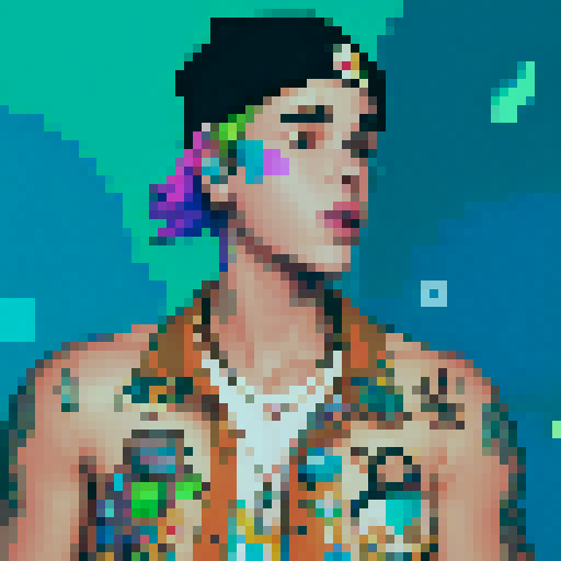 Justin Bieber with vibrant neon hair, wearing a retro 80s jacket covered in colorful pixel art patches, surrounded by a pixelated crowd of fans, against a backdrop of a pulsating sRGB color spectrum