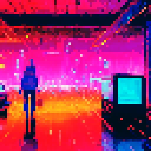 Neon-lit cityscape, towering skyscrapers, bustling streets, futuristic vehicles, rain-soaked pavement, holographic advertisements, glitched-out billboards, vibrant graffiti, steam rising from manhole covers, flickering streetlights, augmented reality overlays, ominous dark alleys, reflective glass facades, dystopian skyline, pulsating neon colors, glitched-out glitch art, wireframe city, circuitry patterns, pixelated raindrops, glitched-out cyberpunk art, sRGB color palette, pixel art landscape