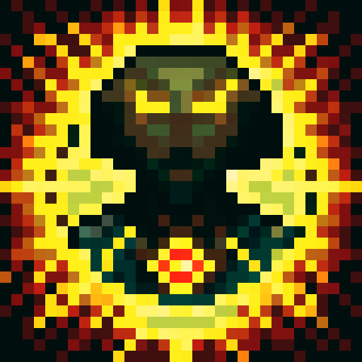 Warlock casting a fiery spell with glowing eyes and intricate runes, depicted in a pixel art close-up portrait with a dark, ominous background for a game icon.