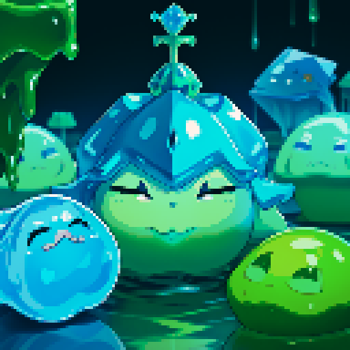 Blue Slime cube, Gelatinous cube, wearing crown, giant Slime, boss fight