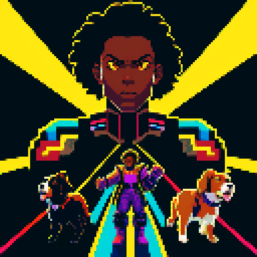 Black Cyberpunk hero, with two dog companions that fight with him one a springer spaniel, and one tri-color Australian shepherd