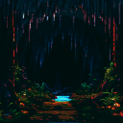 Dark looming cave entrance, glowing pinprick eyes, moss and lichen hanging, pixelated stalactites and stalagmites, sRGB pixel art, eerie background 