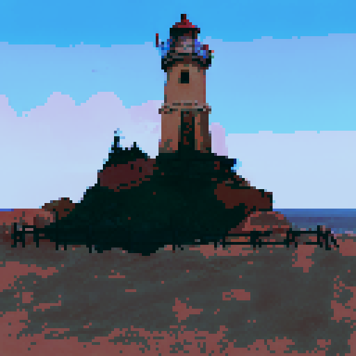 Lighthouse standing tall, surrounded by crashing waves, against a vibrant sunset sky, in a landscape portrait style