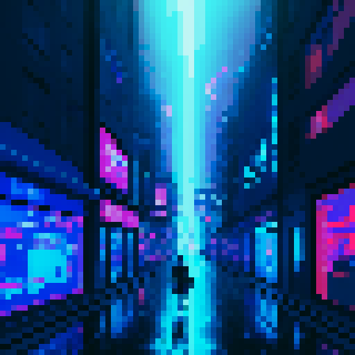 deep blue, neon-lit, towering skyscrapers, metallic sharks, glowing circuitry, flickering holograms, glitched-out billboards, rain-soaked streets, robotic falcons, steam rising, futuristic graffiti, vibrant neon signs, bustling androids, illuminated alleyways, cybernetic felines, pulsating energy, glitchy glitchpunk, digital rainbows, pixelated perfection, electrified atmosphere