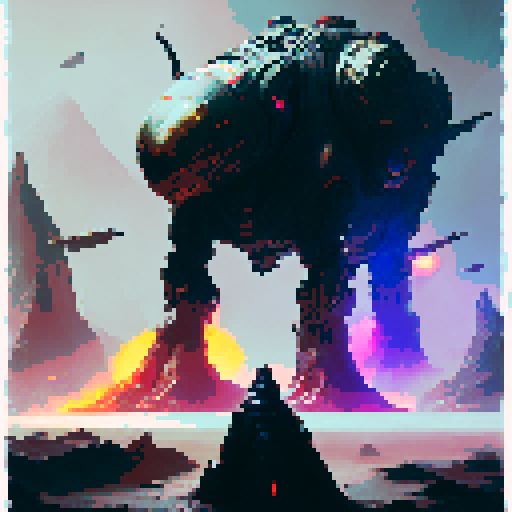 A towering, metallic warrior with glowing red eyes stands tall as it wields a sleek robotic arm amidst a bustling, futuristic factory Sparks fly as the imposing figure deftly assembles intricate components, surrounded by a web of intricate robotic limbs The scene is awash in a surreal haze, evoking a sense of otherworldly adventure in the style of a fantasy RPG